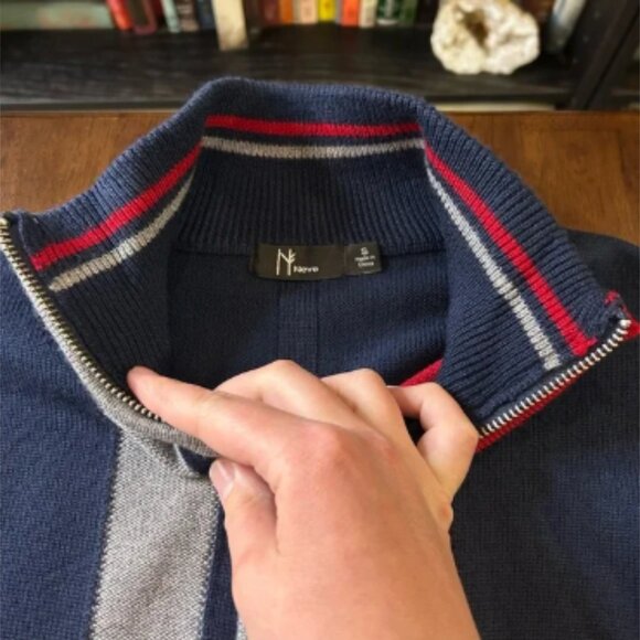 Neve Natalie Full Zip Sweater Ski Navy Blue Red Gray Stripe Ski 100% Wool Size S - Picture 3 of 8